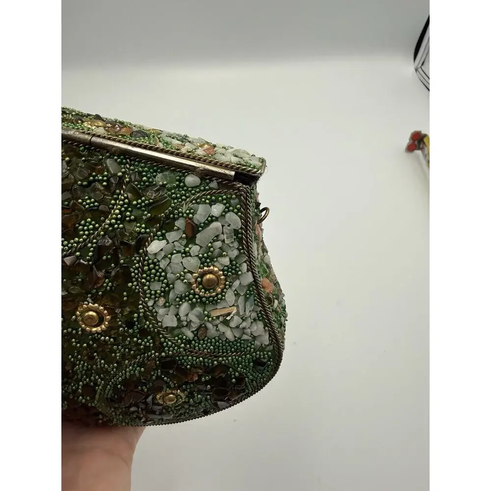 Vintage Mosaic Stone Hard Shell Evening Clutch Bag Green Quartz Beaded Purse